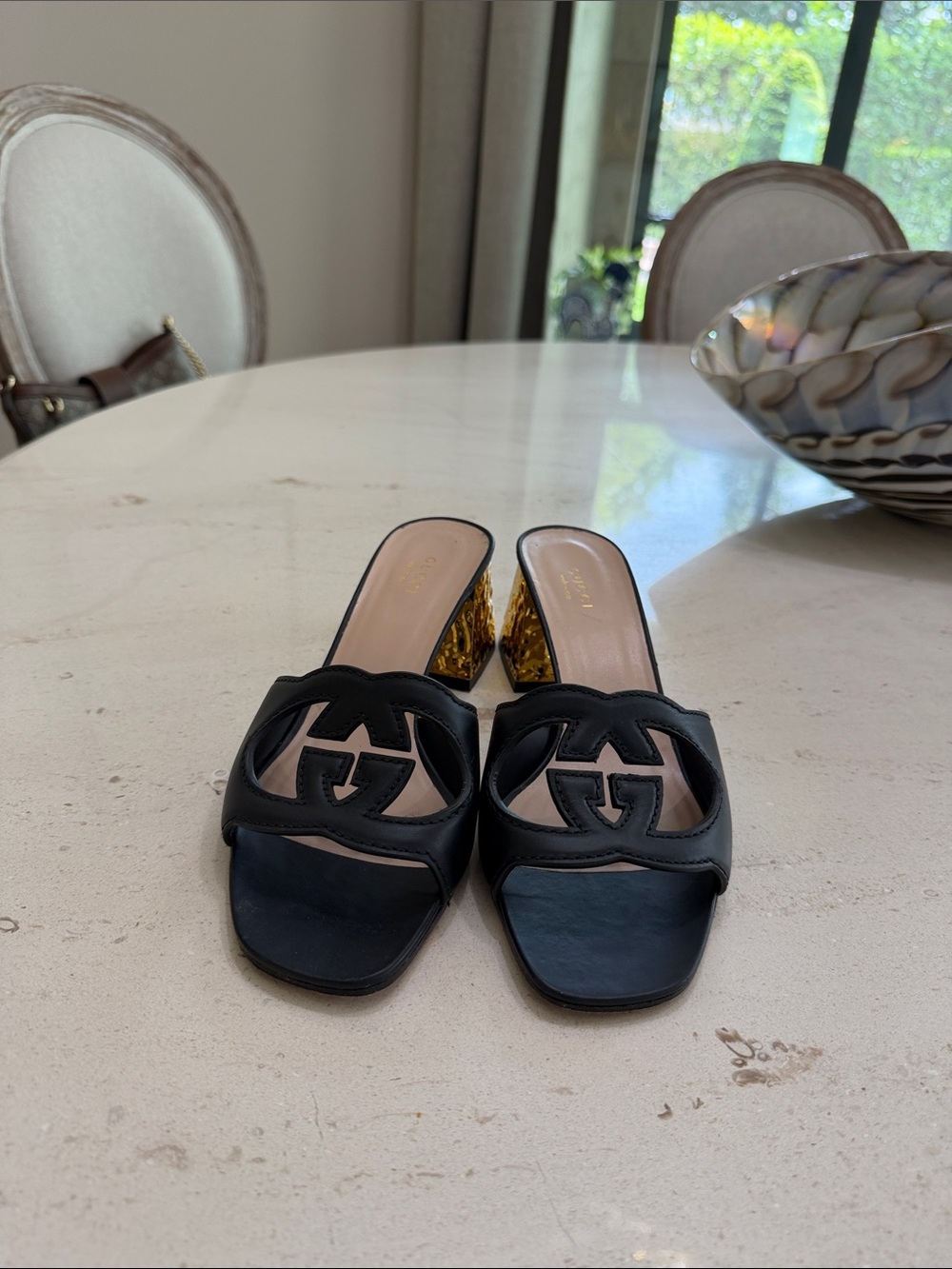 Gucci Black Leather GG Cutout Slide Mules with Gold Marble Heel